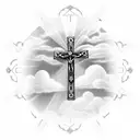 cross with rosary wrapped around it; clouds in background tattoo design idea