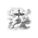 cross with rosary wrapped around it; clouds in background tattoo design idea