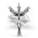 cross with a rosary wrapped around the cross; clouds in background tattoo design idea