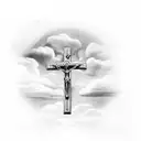 cross with a rosary wrapped around the cross; clouds in background tattoo design idea
