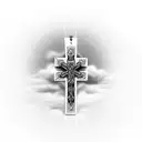 cross with a rosary wrapped around the cross; clouds in background tattoo design idea