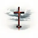 cross with a rosary wrapped around the cross; clouds in background tattoo design idea