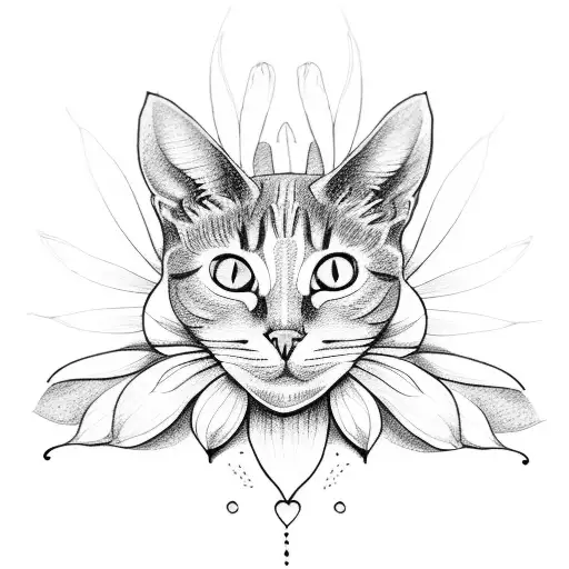 outline of a cat smelling a daffodil flower tattoo design idea