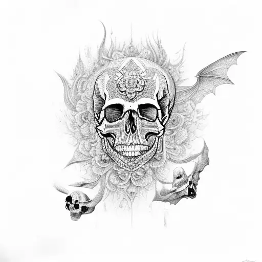 A skull made of intricate black and grey floral patterns, with bats flying around it tattoo design idea
