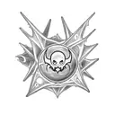 A caffeine molecule surrounded by spooky bats and Halloween-themed flowers tattoo design idea