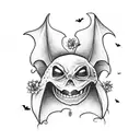 A caffeine molecule surrounded by spooky bats and Halloween-themed flowers tattoo design idea