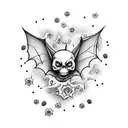 A caffeine molecule surrounded by spooky bats and Halloween-themed flowers tattoo design idea