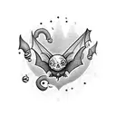 A caffeine molecule surrounded by spooky bats and Halloween-themed flowers tattoo design idea