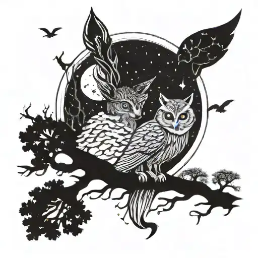 A mystical scene of an owl and fox under a full moon in a forest at night tattoo design idea