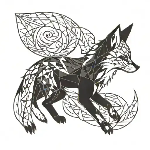 twin tailed fox with blackout tail and color up, wearing kitsune mask  tattoo design idea