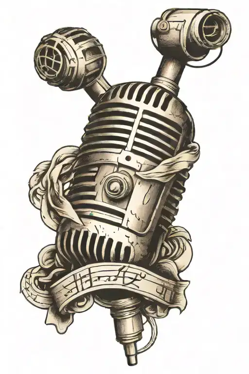 A sleek blackwork tattoo of a vintage microphone intertwined with musical notes tattoo design idea