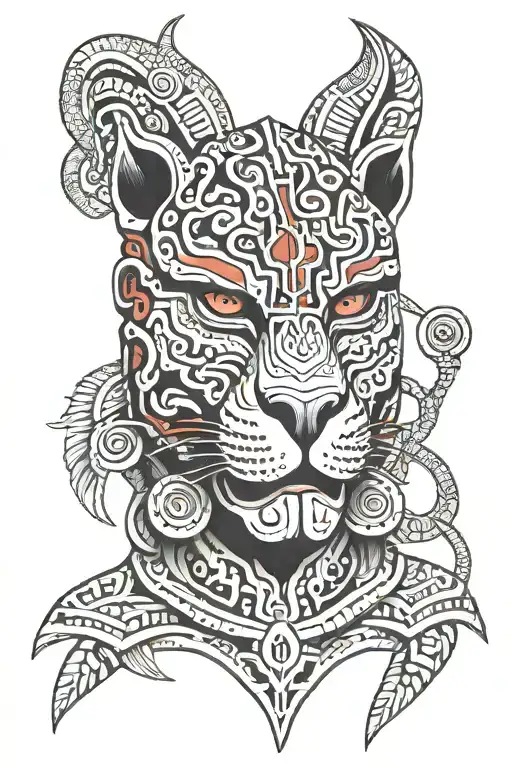 Mayan jaguar warrior mask red line in the eyes obscured view tattoo design idea