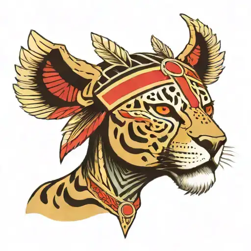 A stylized jaguar warrior with a traditional Mayan headdress and a red line painted across the eyes tattoo design idea