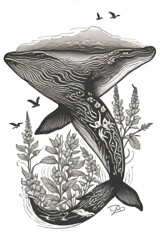 humpback whale with lupines and a puffin tattoo design idea