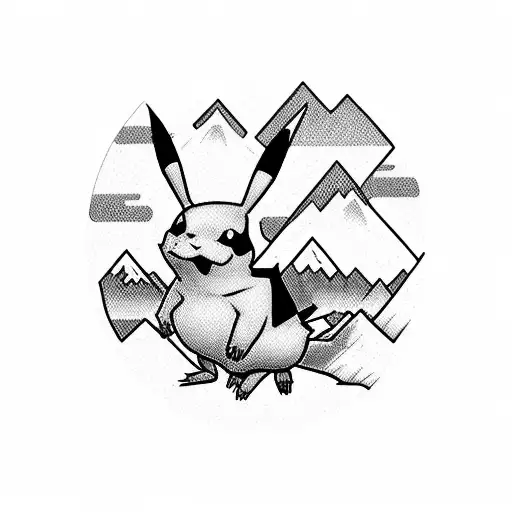 A realistic blackwork tattoo of a Pikachu surrounded by mountain peaks tattoo design idea