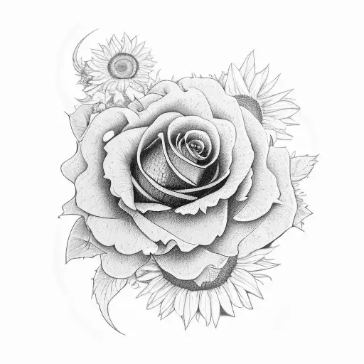 woman with sunflower. rose and blue butterfly  tattoo design idea