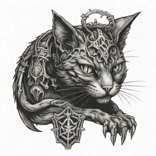 A warhammer 40k inspired Halloween book cover featuring a satanic cat tattoo design idea