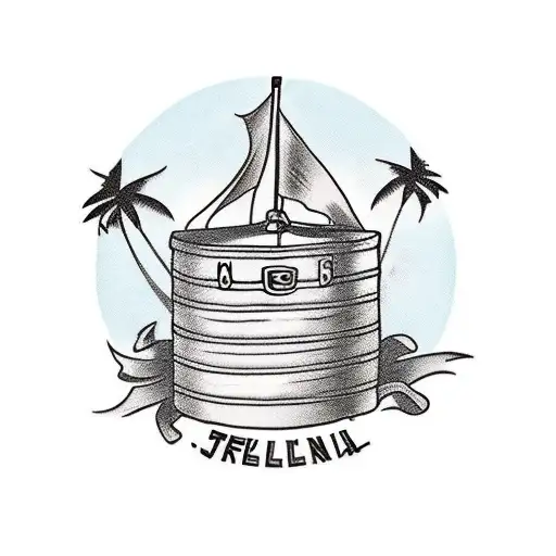 treasure chest on and island with a single palm tree behind it  tattoo design idea