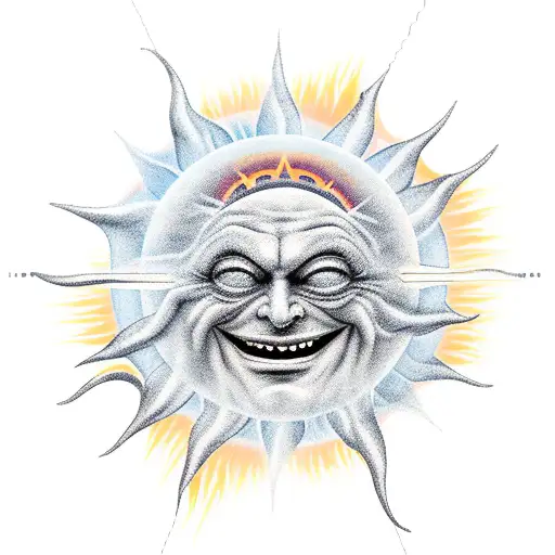 evil sun with a hand controlling the solar system like a marionette tattoo design idea
