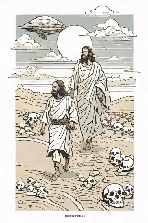 a man and jesus walking in a wasteland with skulls in the sand with the presence of the holy spirit in the sky   tattoo design idea