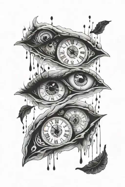 pair of eyes with one eye having a clock in it and the other eyes crying black Ink tattoo design idea