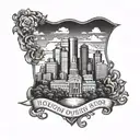 Incorporate the Houston skyline into a family crest design with your children's names intertwined in the architecture tattoo design idea