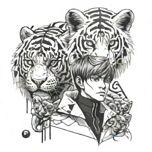 A stylized portrait of Ken Kaneki surrounded by gaming symbols and a tiger silhouette tattoo design idea