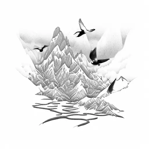 colombian moutains with birds and plants tattoo design idea