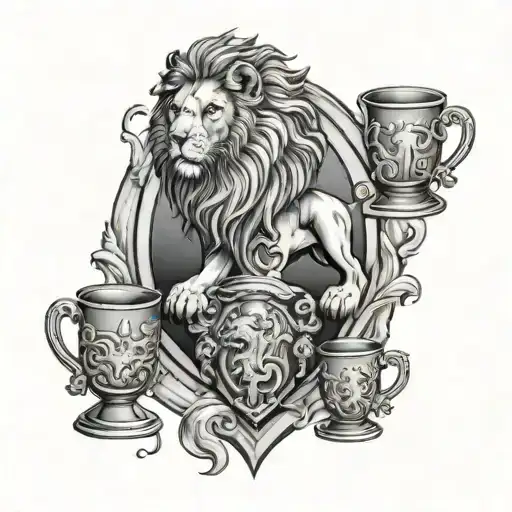 A lion with three cups floating around it, each cup filled with symbols of protection like shields and armor tattoo design idea