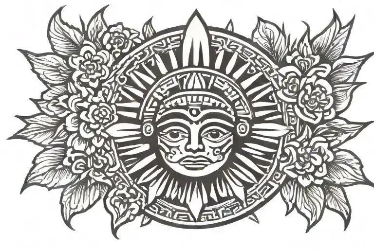 aztec sun with flowers tattoo design idea