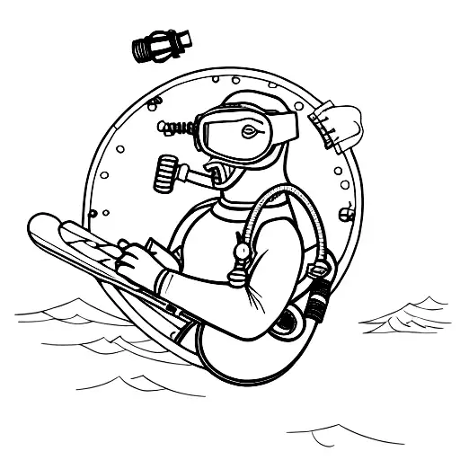 A diver with full equipment on a snowboard tattoo design idea