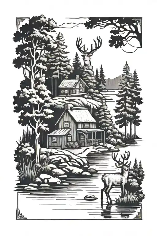 Forest,deer, cottage, lake tattoo design idea