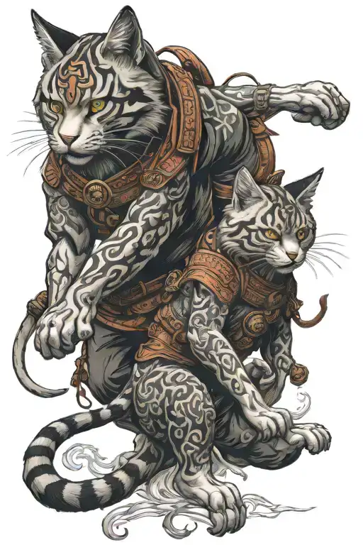 two Japanese warrior cats wearing Japanese inspire warrior clothing fighting demons tattoo design idea