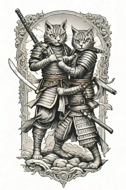 two samurai warrior cats standing fighting as a team  tattoo design idea