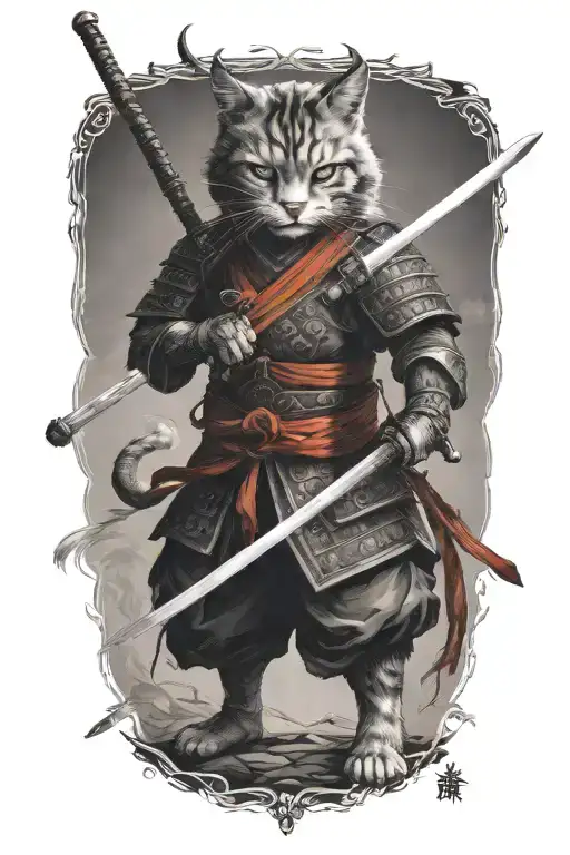 samurai warrior cat. dark realism. fighting stance. holding sword.  tattoo design idea