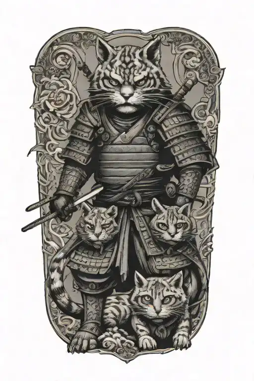 two samurai cats. full body. tattoo design idea