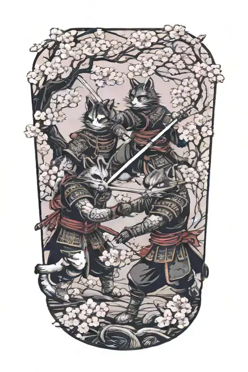 two samurai warrior cats fighting stance surrounded by cherry blossoms tattoo design idea