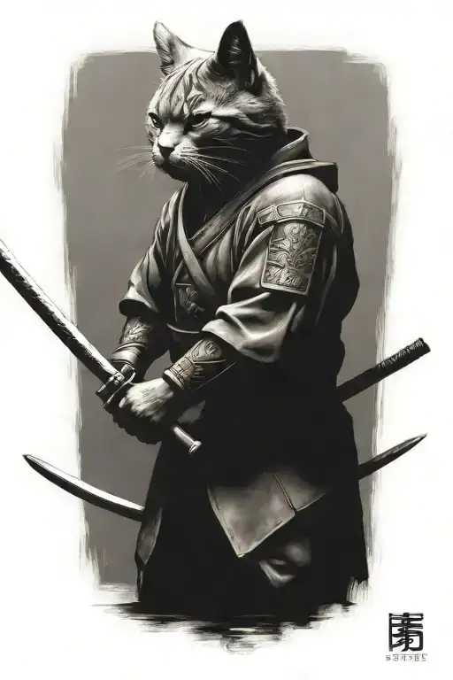 head to toe Russian blue cat samurai warrior battling tattoo design idea