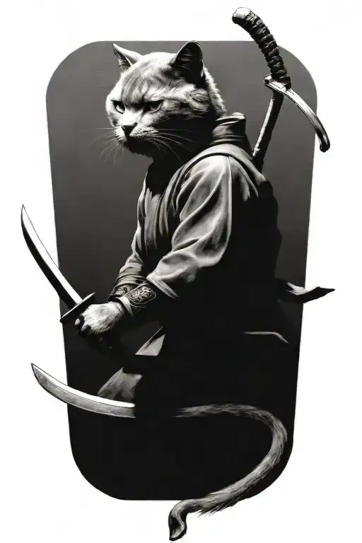 2 grey cat samurai warriors battling each other side tattoo design idea