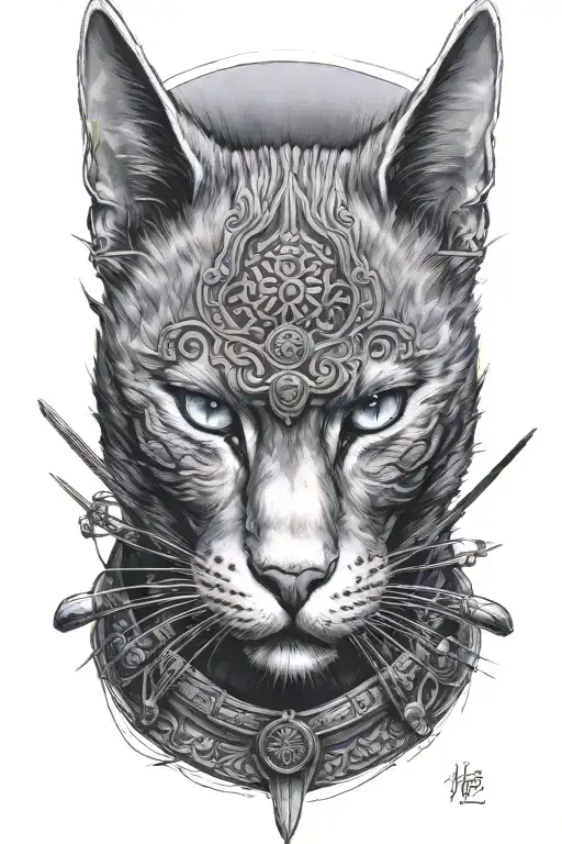 Russian blue cat samurai warrior. I want the whole body of the cat.  tattoo design idea