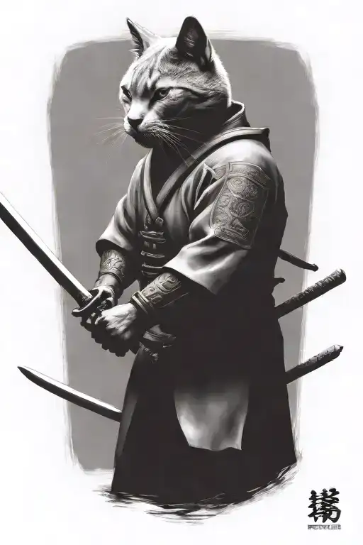 head to toe Russian blue cat samurai warrior battling tattoo design idea