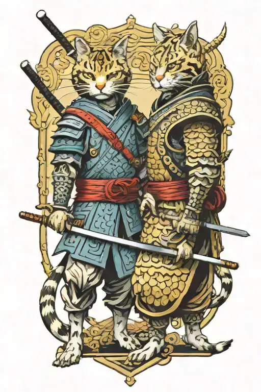 two samurai cats. full body. tattoo design idea