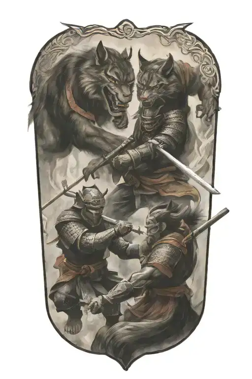 two samurai warrior cats fighting demons tattoo design idea