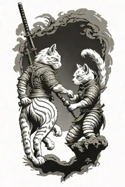 two samurai warrior cats standing fighting as a team  tattoo design idea