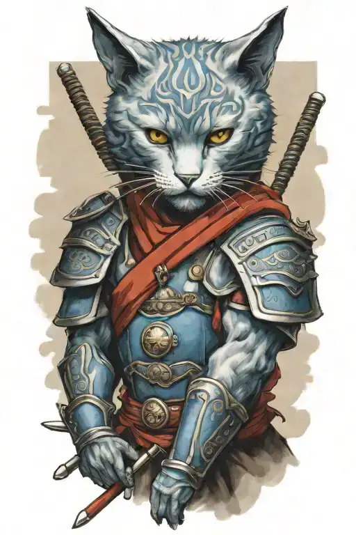 head to toe Russian blue cat samurai warrior battling tattoo design idea