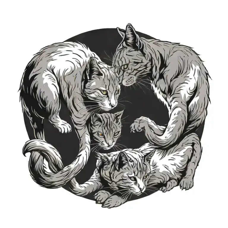 two cats walking next to each other. viewed from the sky so you see their top view only. symbolize ying and yang  tattoo design idea
