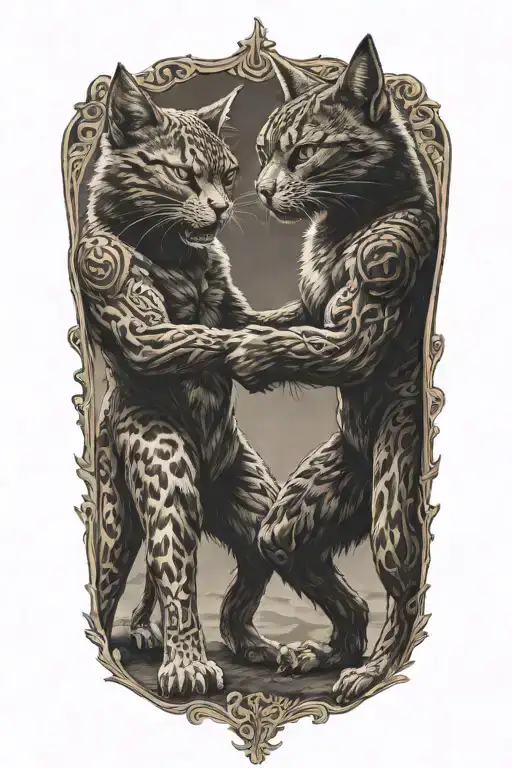 two clothed warrior cats fighting stance tattoo design idea