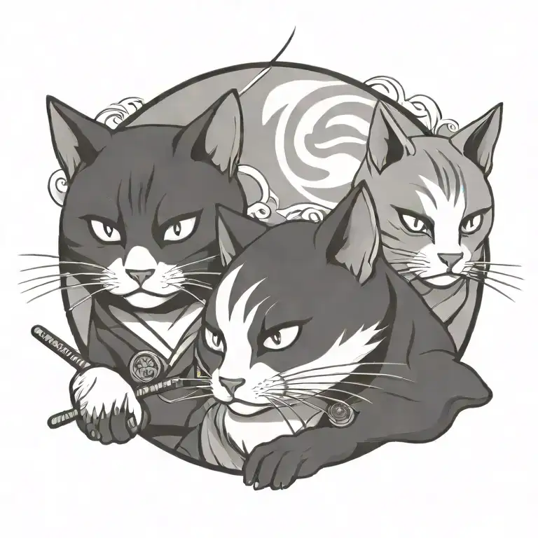 twin samurai cats in a Japanese town  tattoo design idea