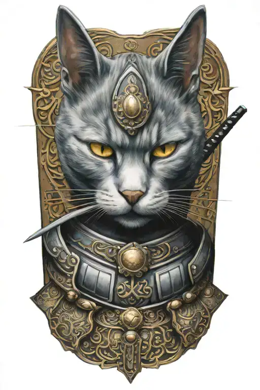 Russian blue cat samurai warrior. full body.  tattoo design idea