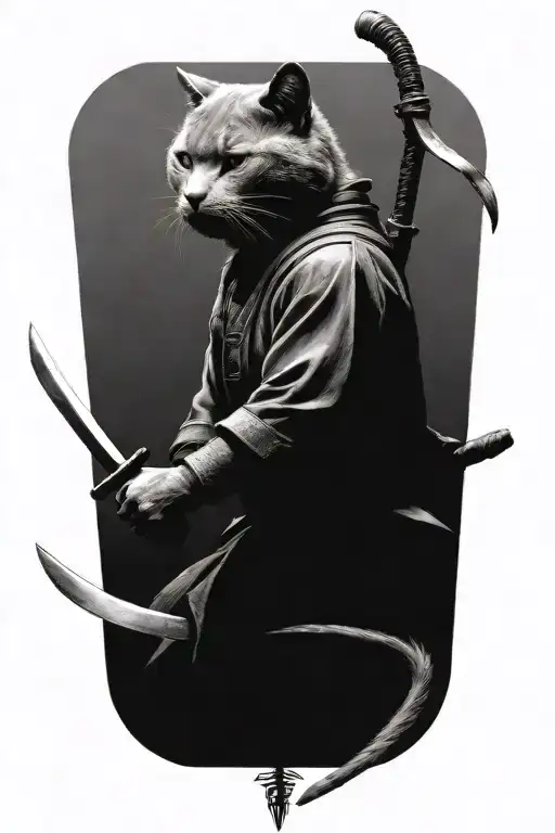 2 grey cat samurai warriors battling tattoo design idea